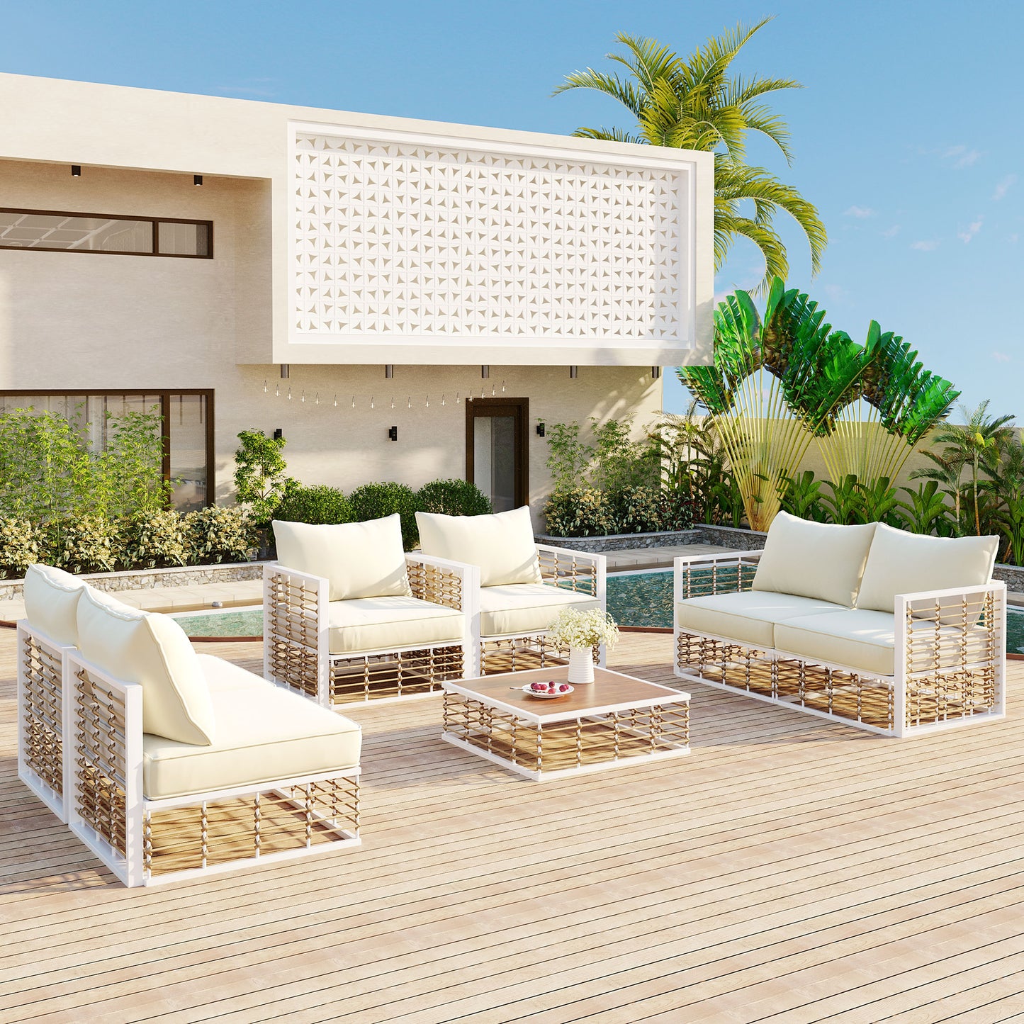 Modern Minimalist 7-Piece Metal Patio Sectional Sofa Set - White