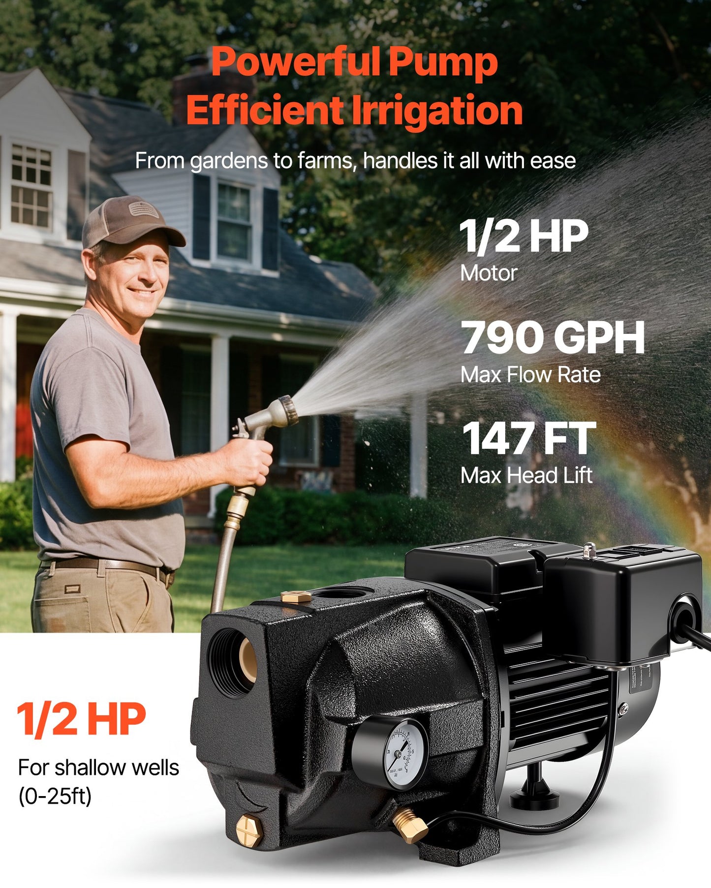 1/2 HP Shallow Well Jet Pump for Garden Irrigation - 115/230V, 790 GPH, Cast Iron