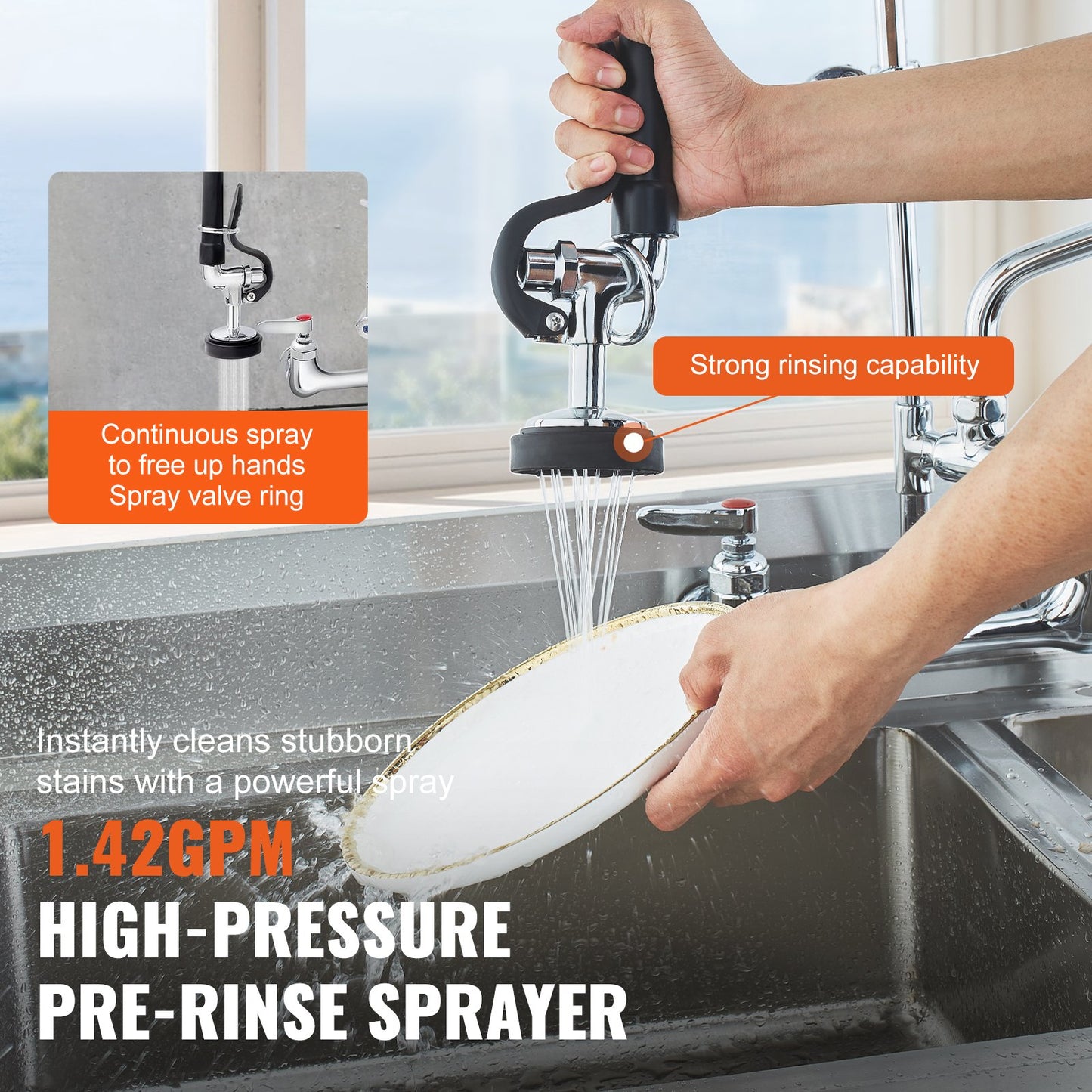 Wall-Mounted Commercial Kitchen Faucet with Pre-Rinse Sprayer