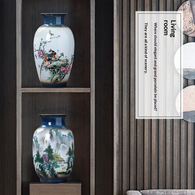 Chinese-Style Pastel Ceramic Vase with Floral & Landscape Designs
