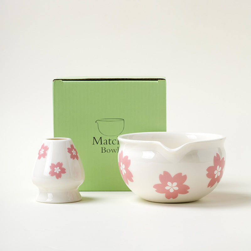 Ceramic Matcha Bowl Set Japanese Style Flower Pattern Home Barware