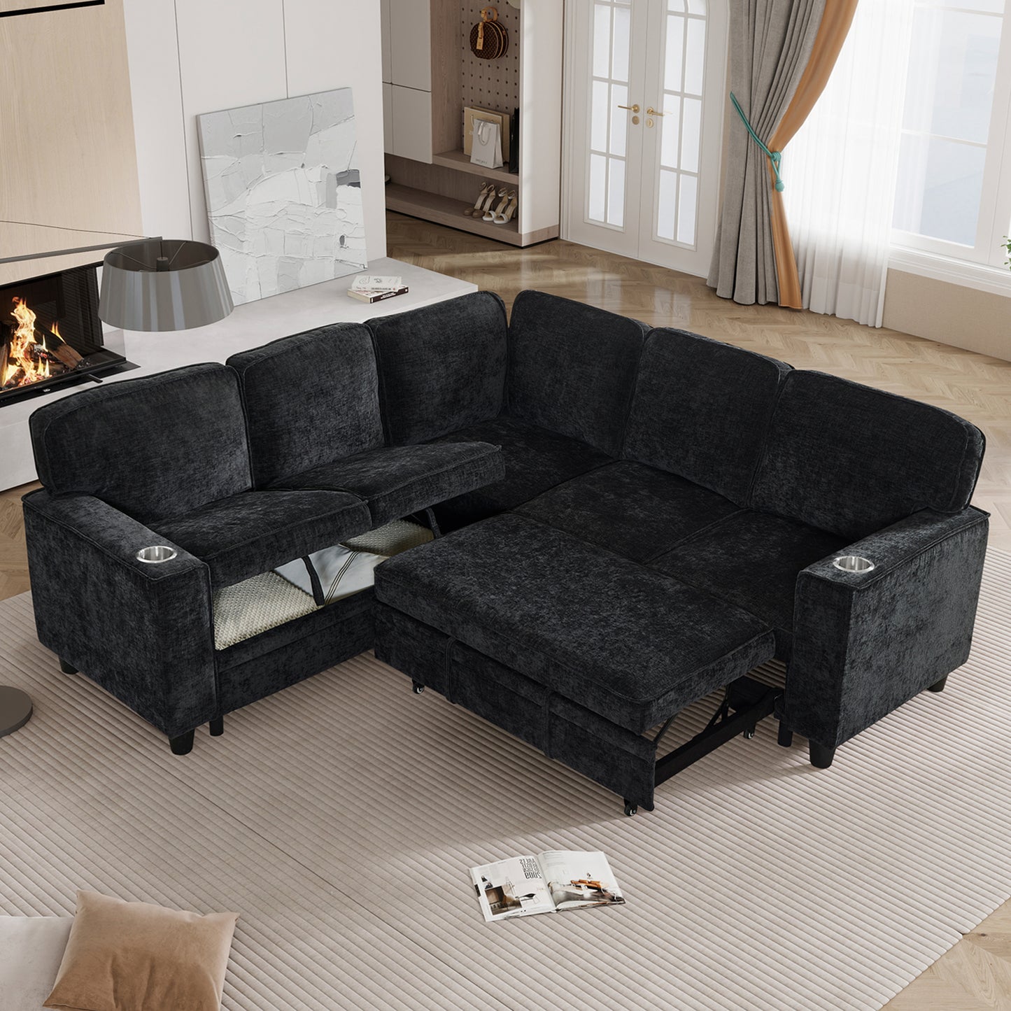 L-Shaped Sofa Bed with Storage & USB Ports - Charcoal Grey