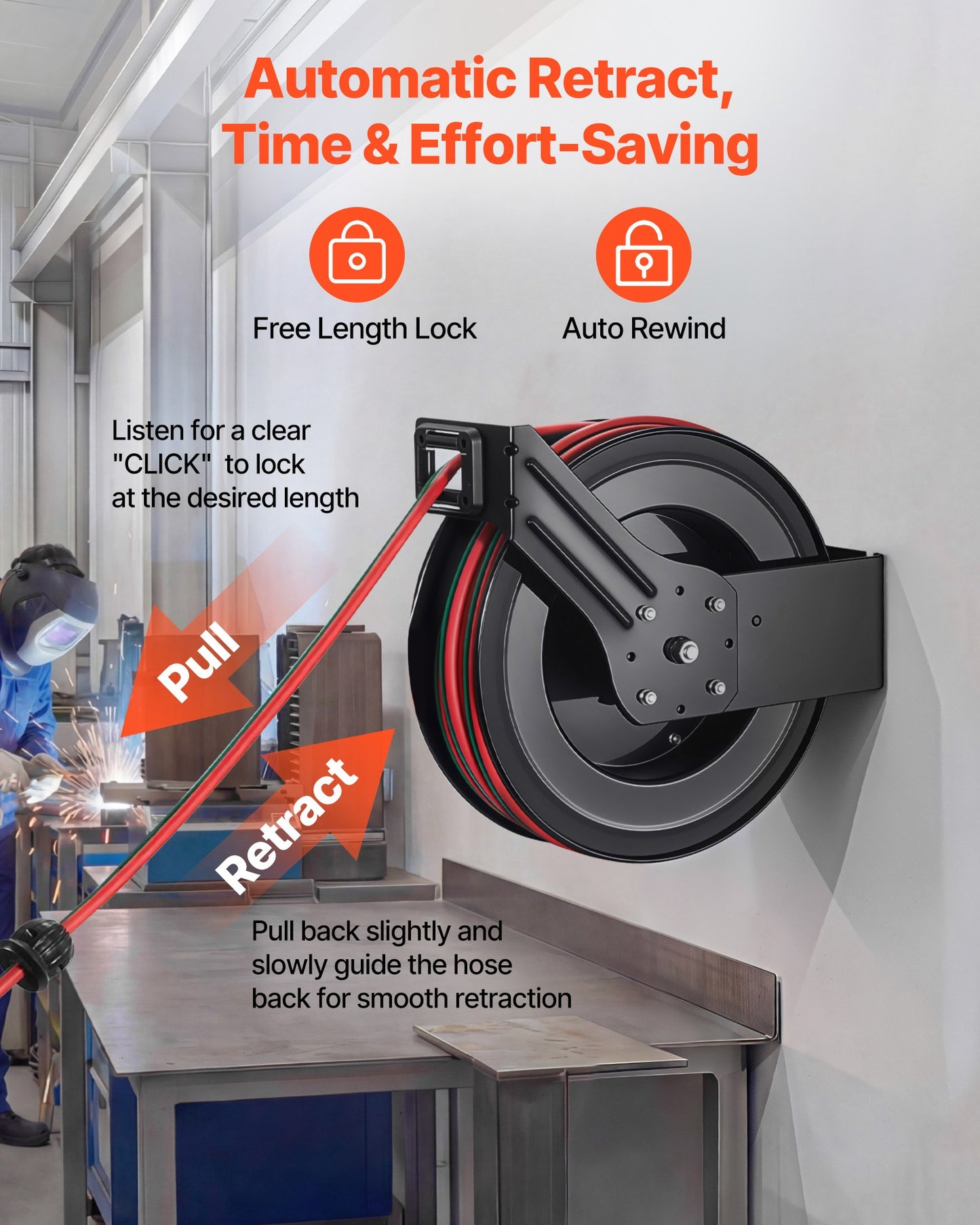 Retractable Welding Hose Reel 1/4 Inch x 100FT Steel Wall Mount Auto-Rewind