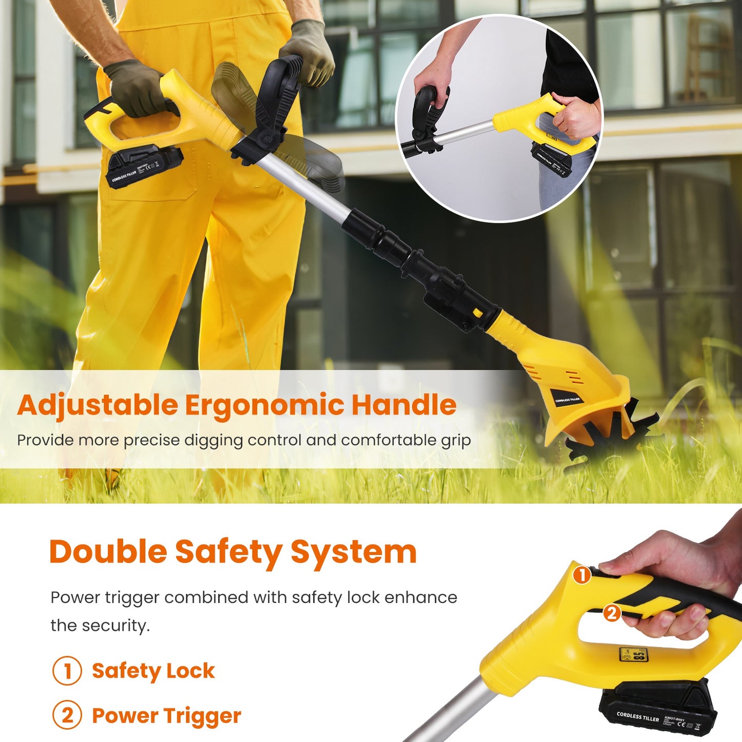Cordless Electric Garden Tiller Cultivator 20V, 3.93in Width, 250RPM, Yellow