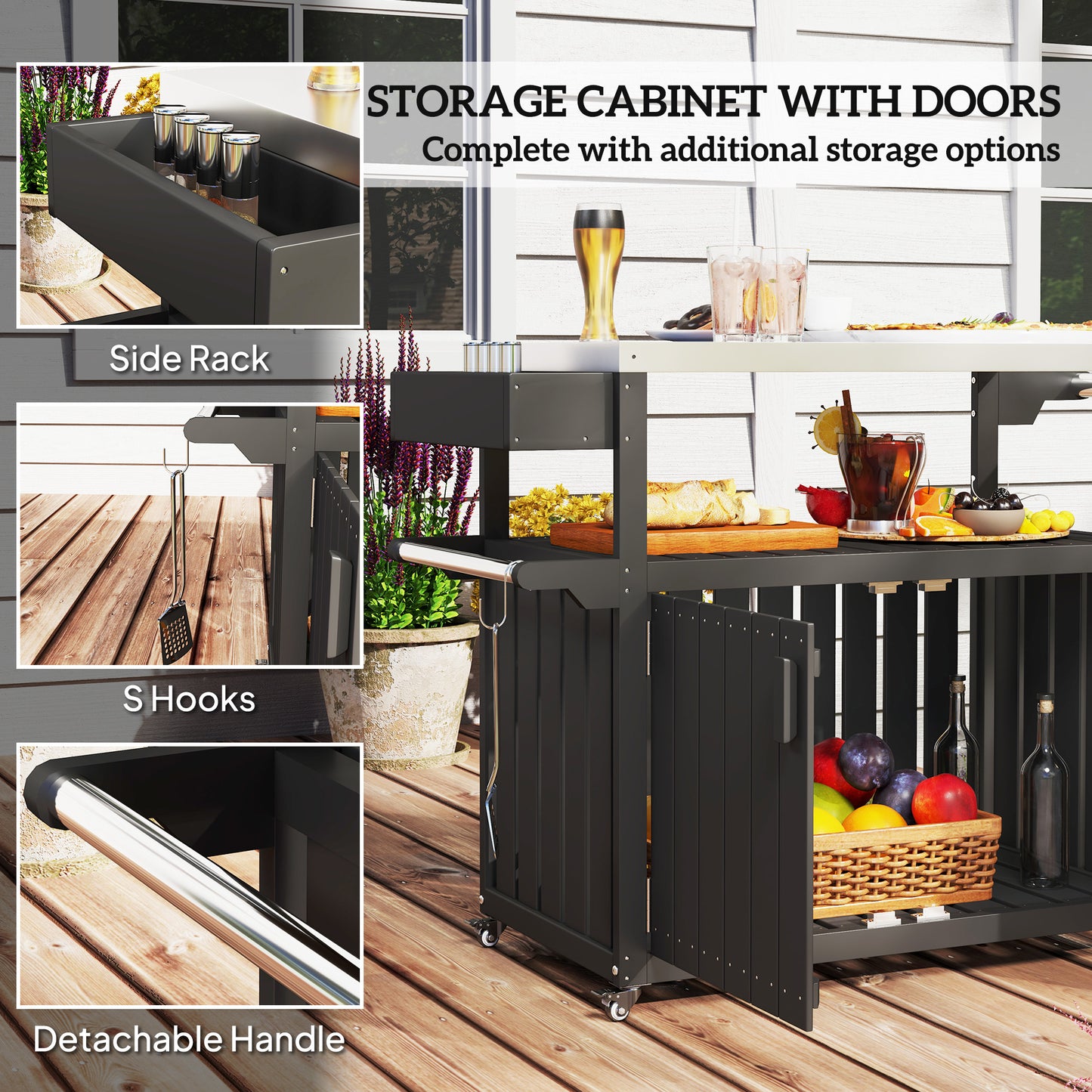 Outdoor Bar Cart with Stainless Steel Top & Storage - Black