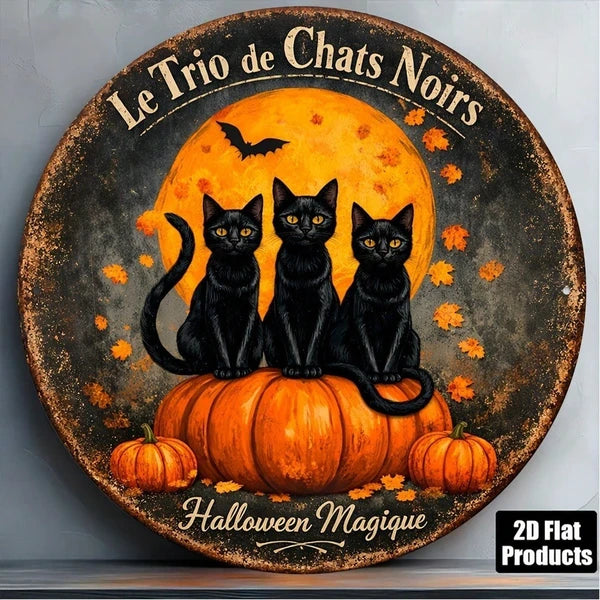 Vintage Metal Tin Sign - 8x8 Inch Round Plaque with Three Black Cats