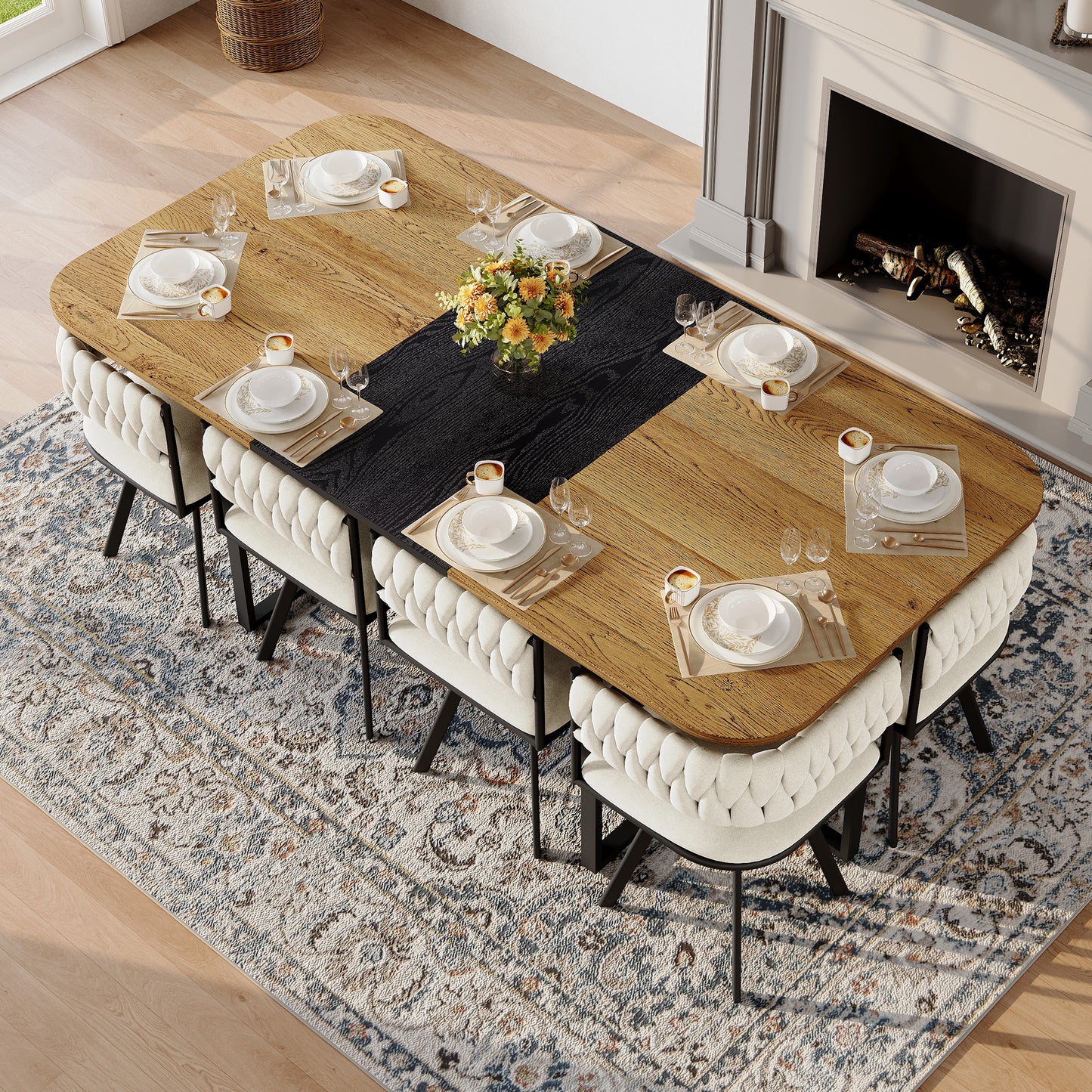 9-Piece Square Dining Table Set, Fixed Two-Tone Wood Grain & Black