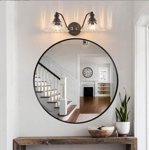 20 Inch 2-Light Vintage Bathroom Wall Sconce - Black Metal & Glass Vanity Light