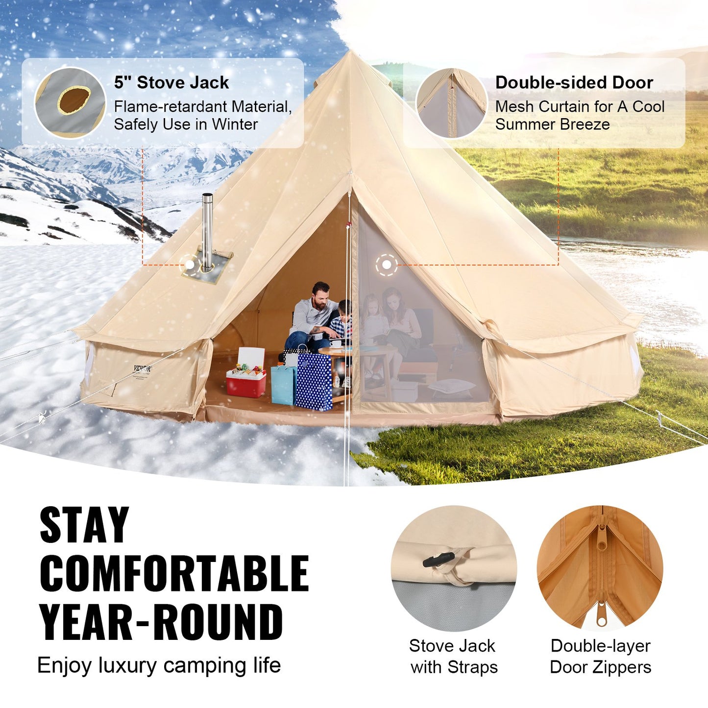 Family 5-8 Person Canvas Bell Tent with Stove Jack & Detachable Side Wall - 13x13 ft Waterproof Camping Shelter