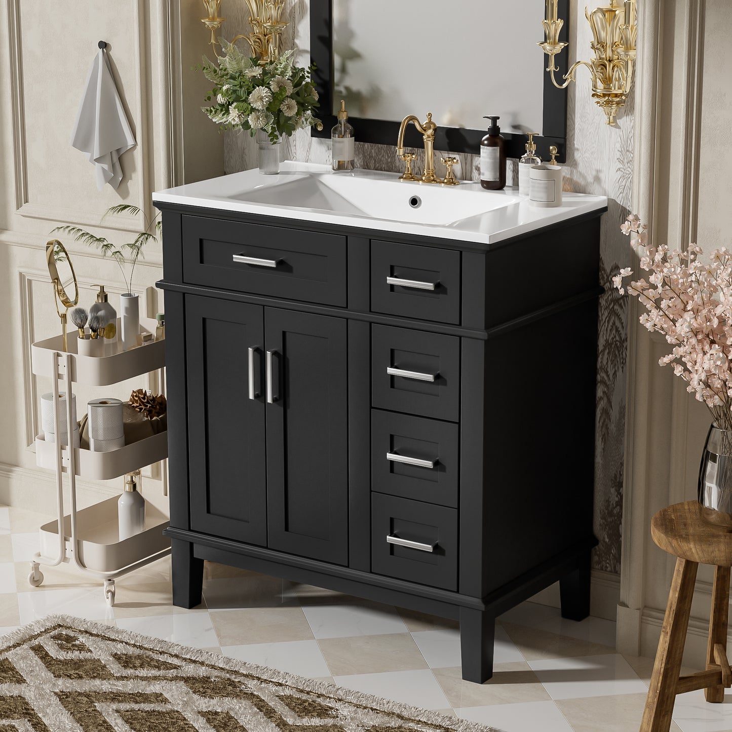 30" Black Bathroom Vanity with Ceramic Sink & Soft-Close Doors