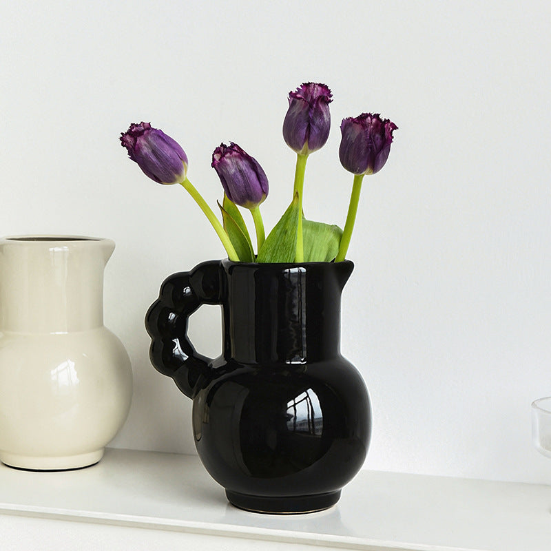 French Ceramic Vase Set - Cream, Black, and Beige Decorative Flowers & Tulips