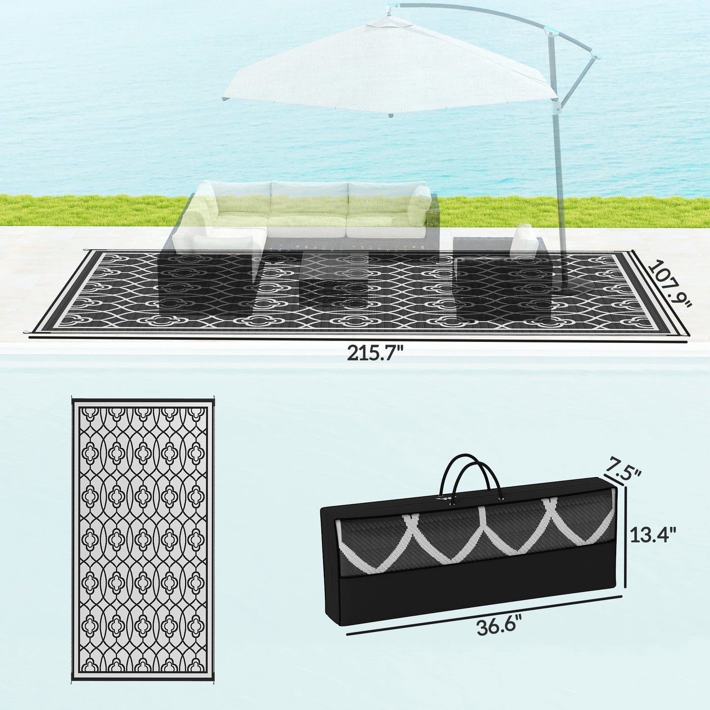 Reversible Outdoor Rug - Waterproof Plastic Straw, 9' x 18' - Black & White Lantern