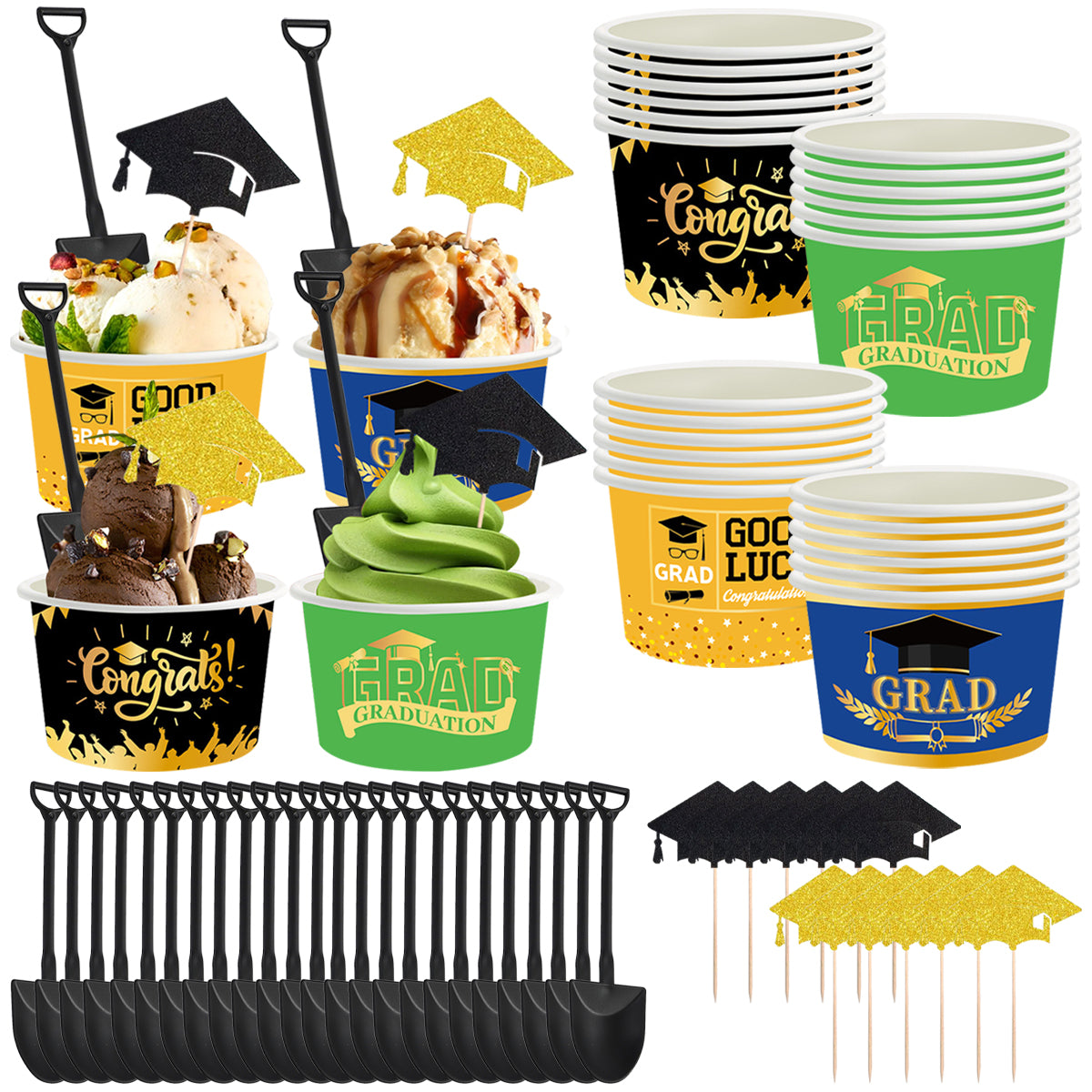 24 Pcs Graduation Party Ice Cream Cups with Spoons & Toppers