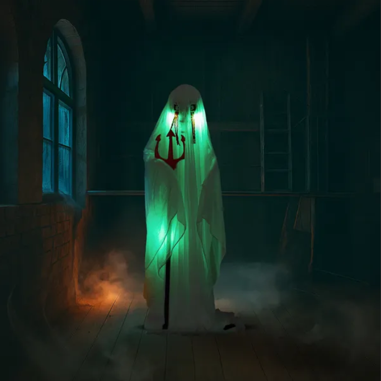 Life Size Animatronic Ghost Decoration with Trident - Sound Activated with Green Lights