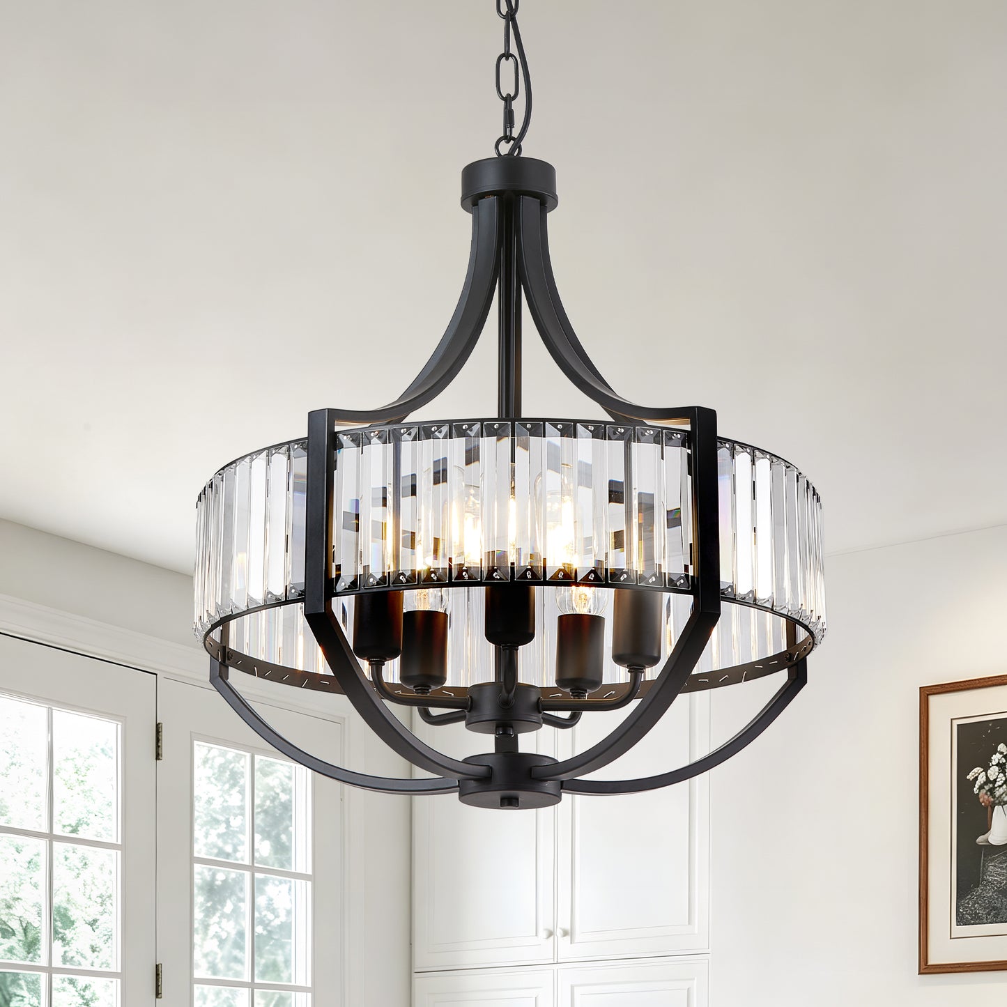 Black Farmhouse Crystal Pendant Chandelier - Modern 5-Light Ceiling Light Fixture