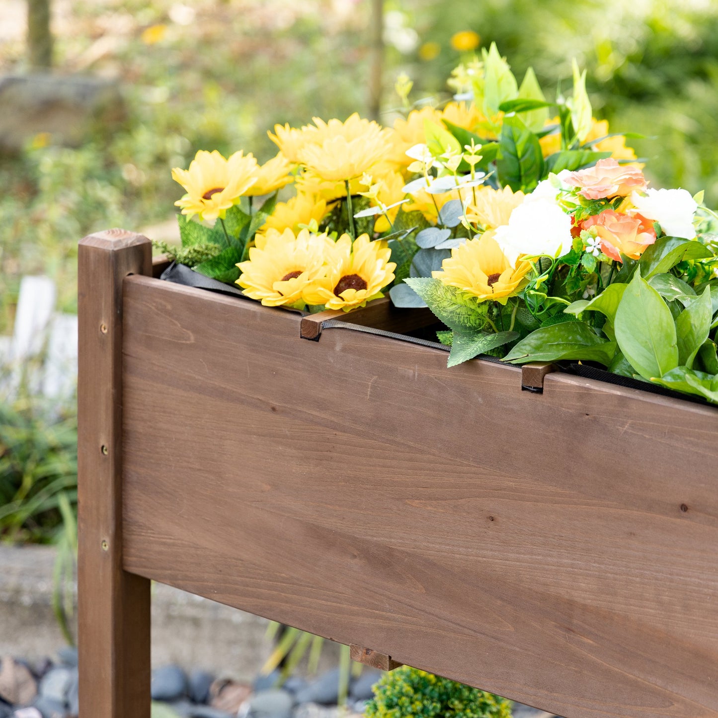 Wooden Garden Bed with Wheels, Foldable Side Clapboard, Self-Draining Design