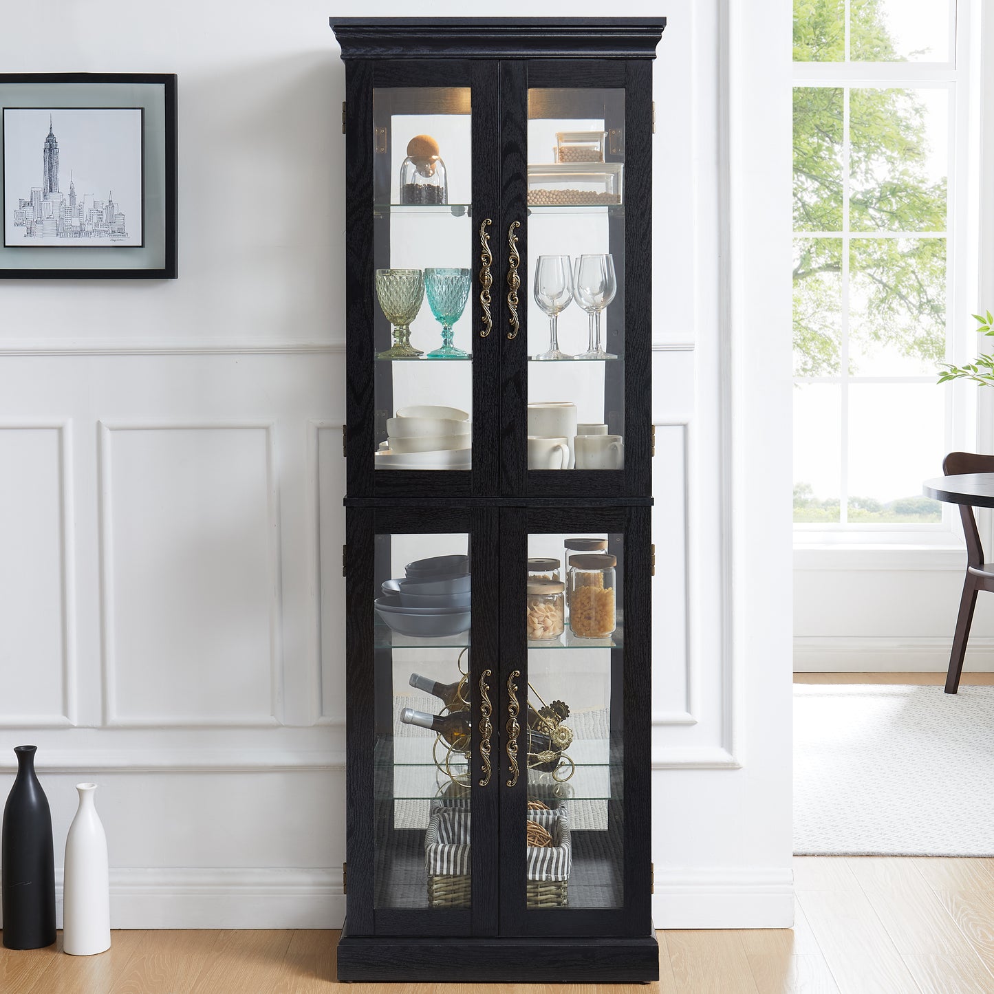 Elegant Lighted Glass Curio Display Cabinet - Wooden Frame Storage