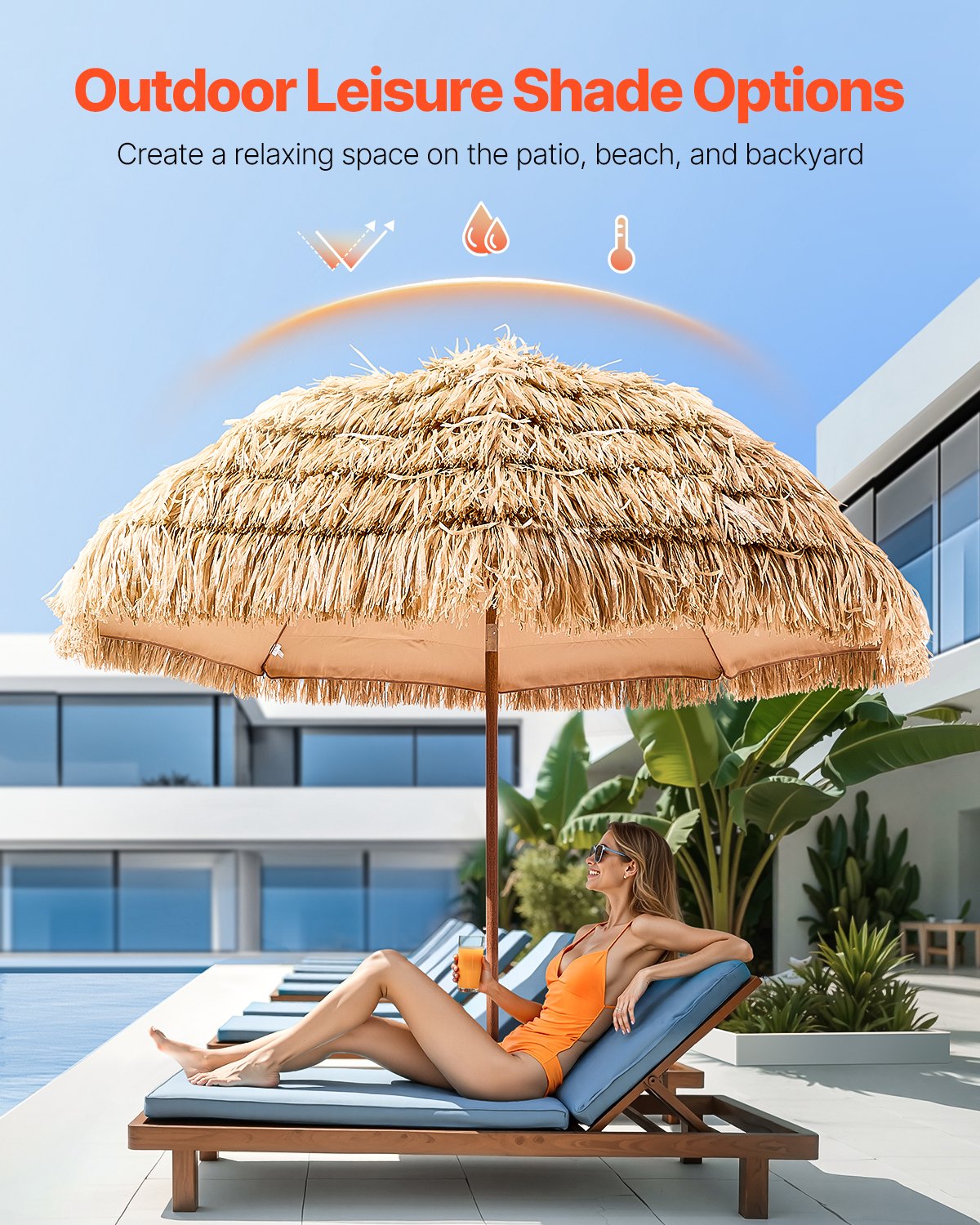 8 Ft Thatched Patio Umbrella with Tilt for Sun Shade - Natural