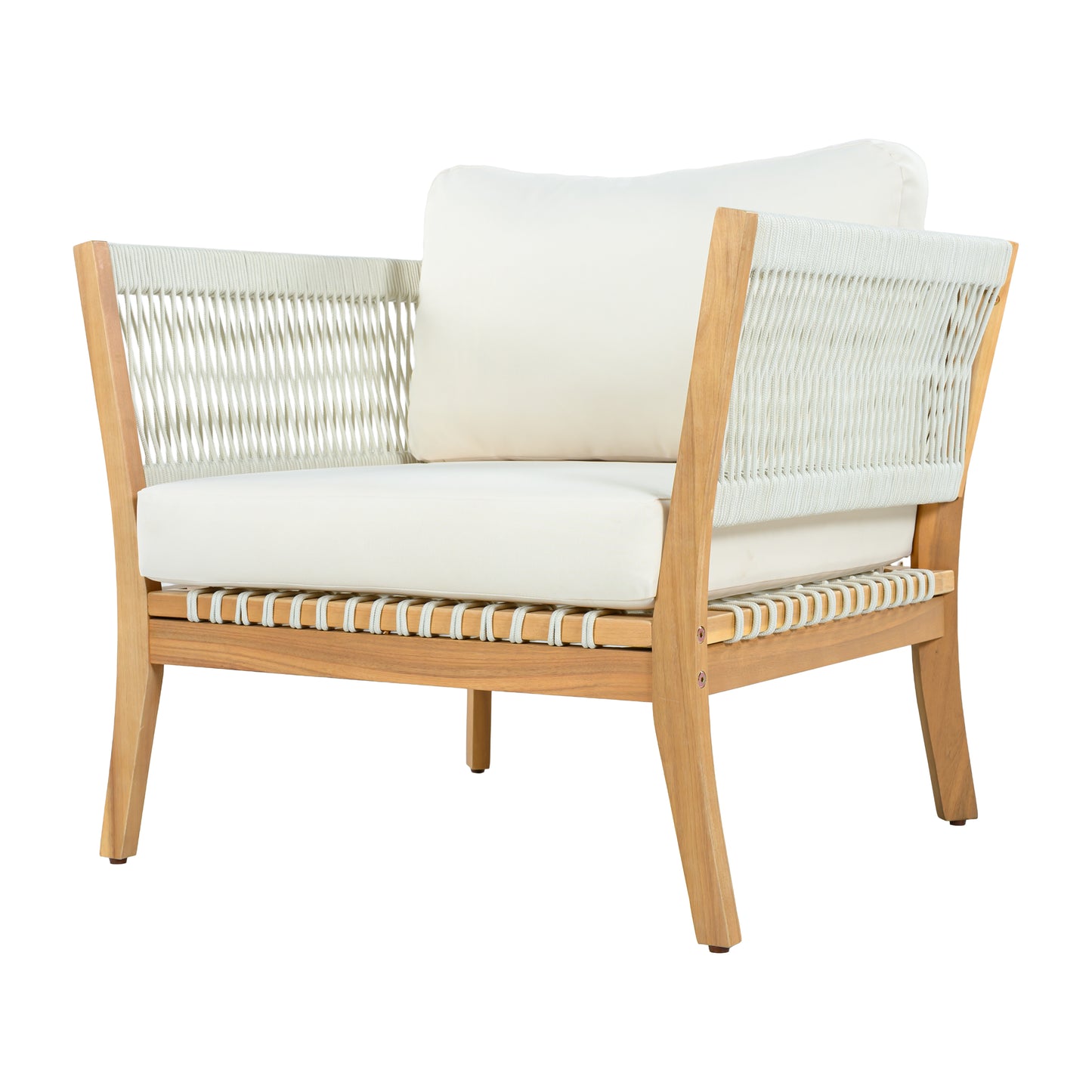 Outdoor Acacia Wood Lounge Chair with Thick Cushions - Natural/Beige