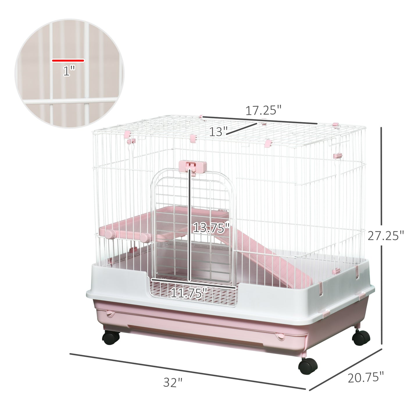 Small Animal Cage with Wheels, Removable Tray & Ramp for Rabbits, Ferrets, Chinchillas - Pink, 864x602x275mm