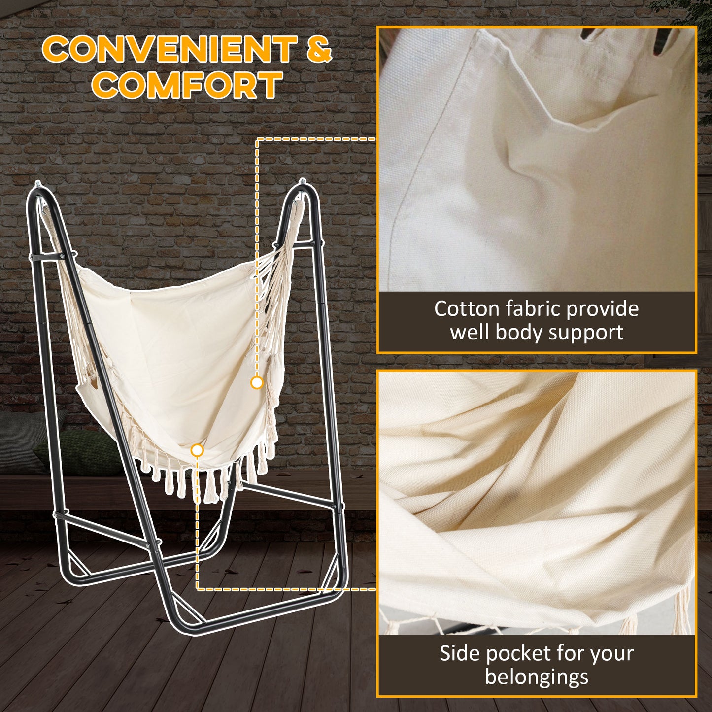 Hammock Swing Chair with U Shape Stand and Side Pocket - Cream White