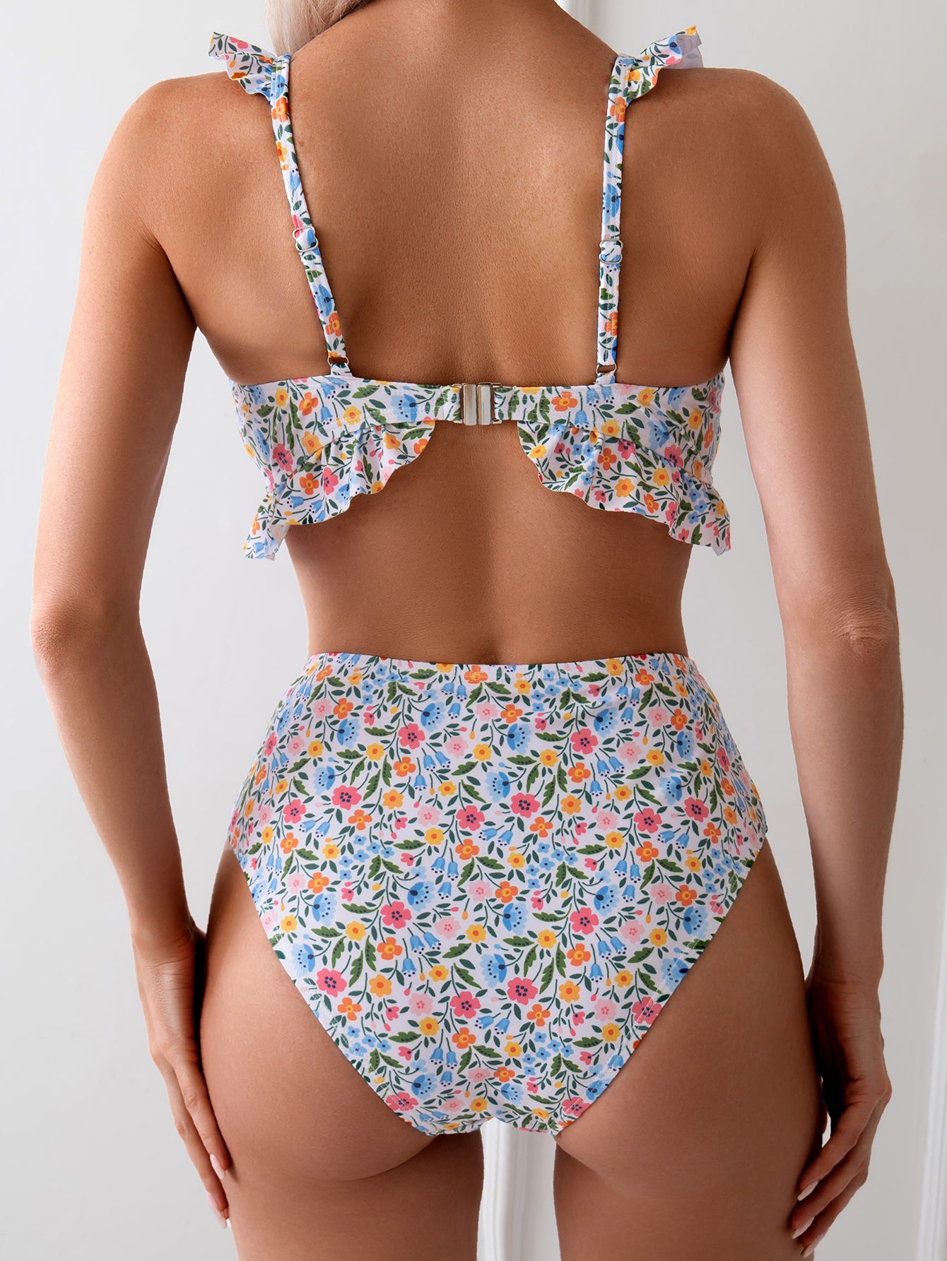 Ditsy Floral Ruffle Bikini Set - V-Neck Top & High Waist Bottom