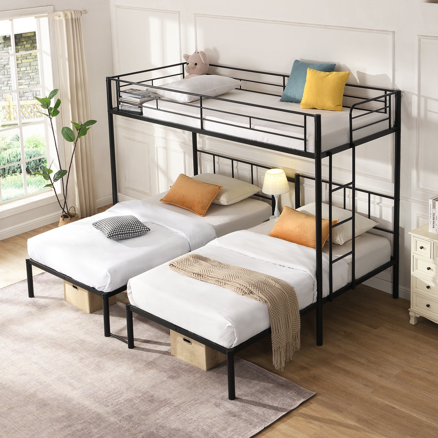 Triple Bunk Bed - Twin Over Twin Metal Frame with Safety Rail - Black