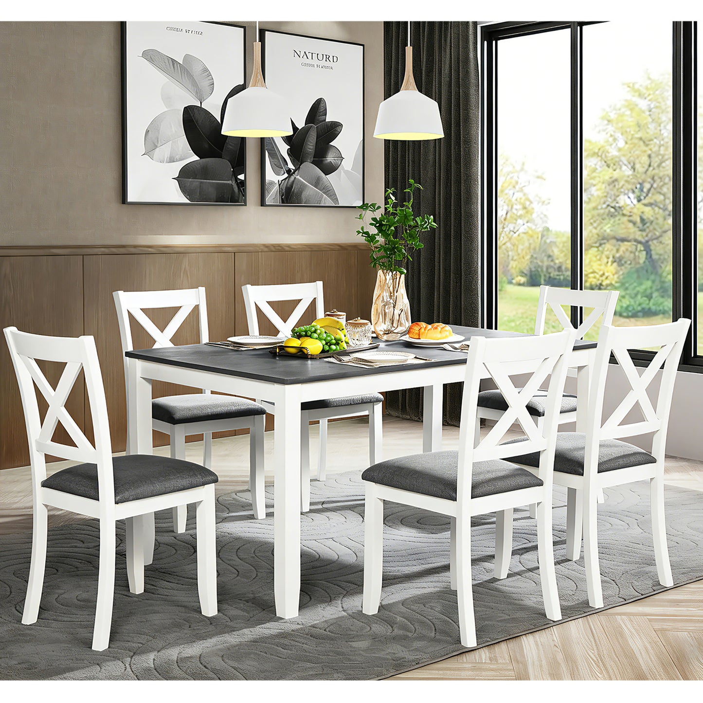 Solid Wood Dining Table Set with 6 Padded Chairs - Grey & White