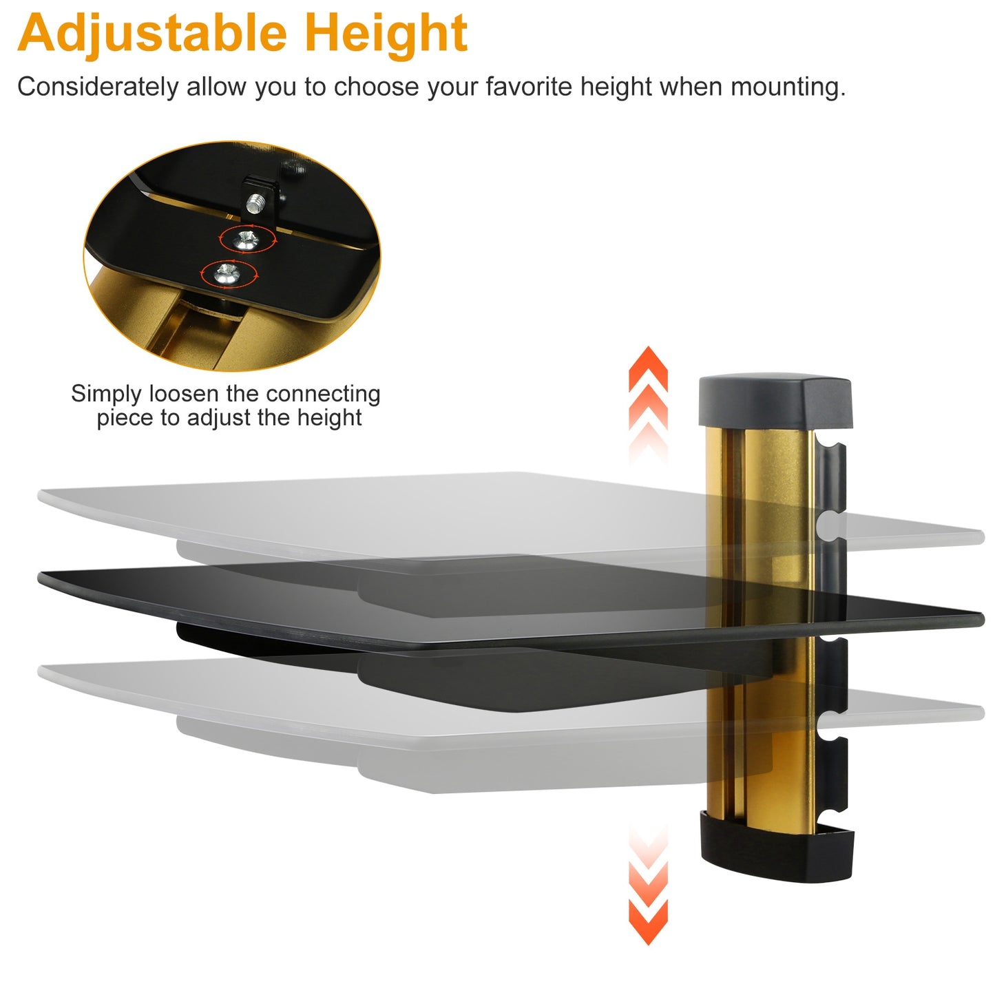 Floating Wall Shelf - Tempered Glass Storage for DVD & Cable Boxes - Gold