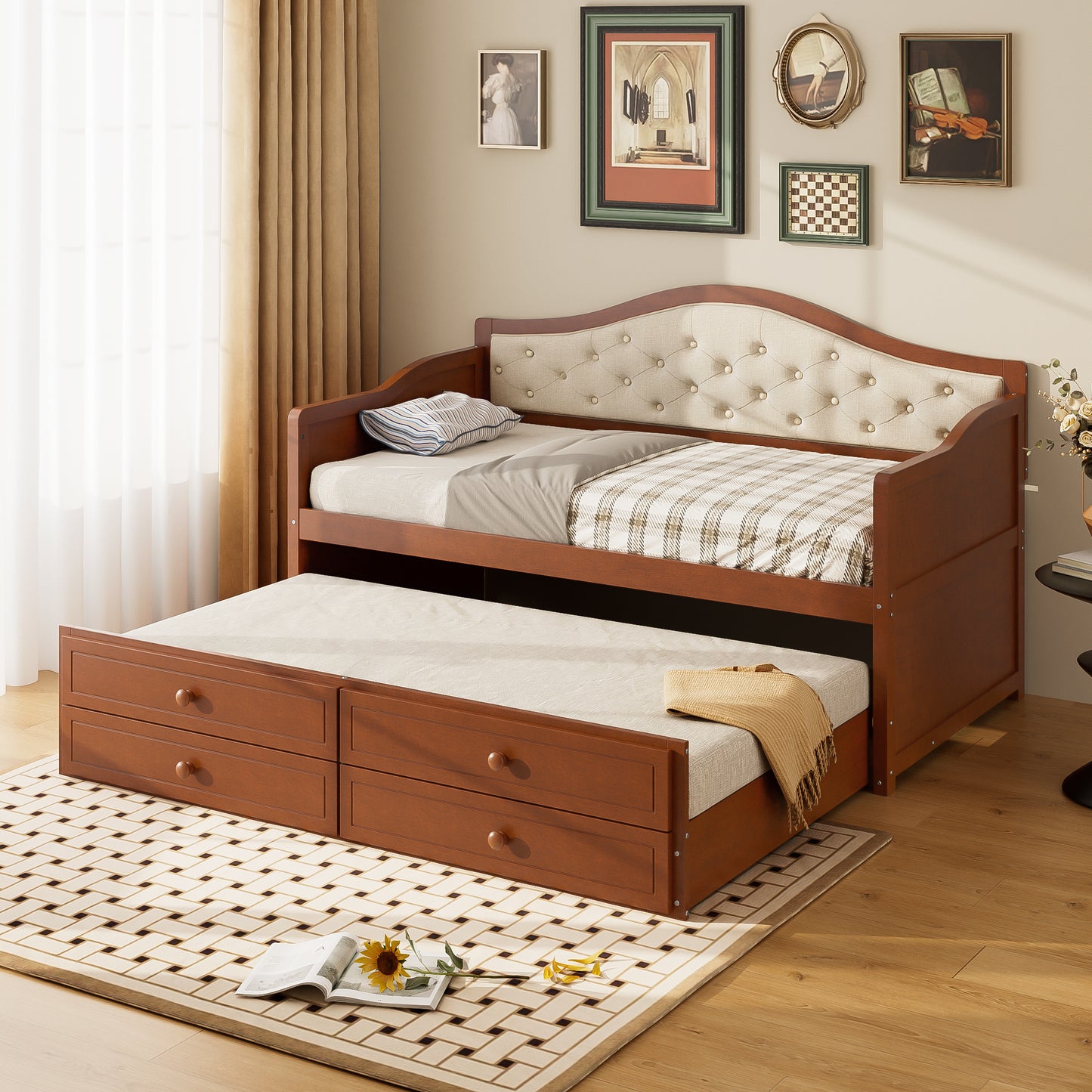 Twin Daybed With Trundle, Size 2 Storage Drawers, Wooden Sofa Bed