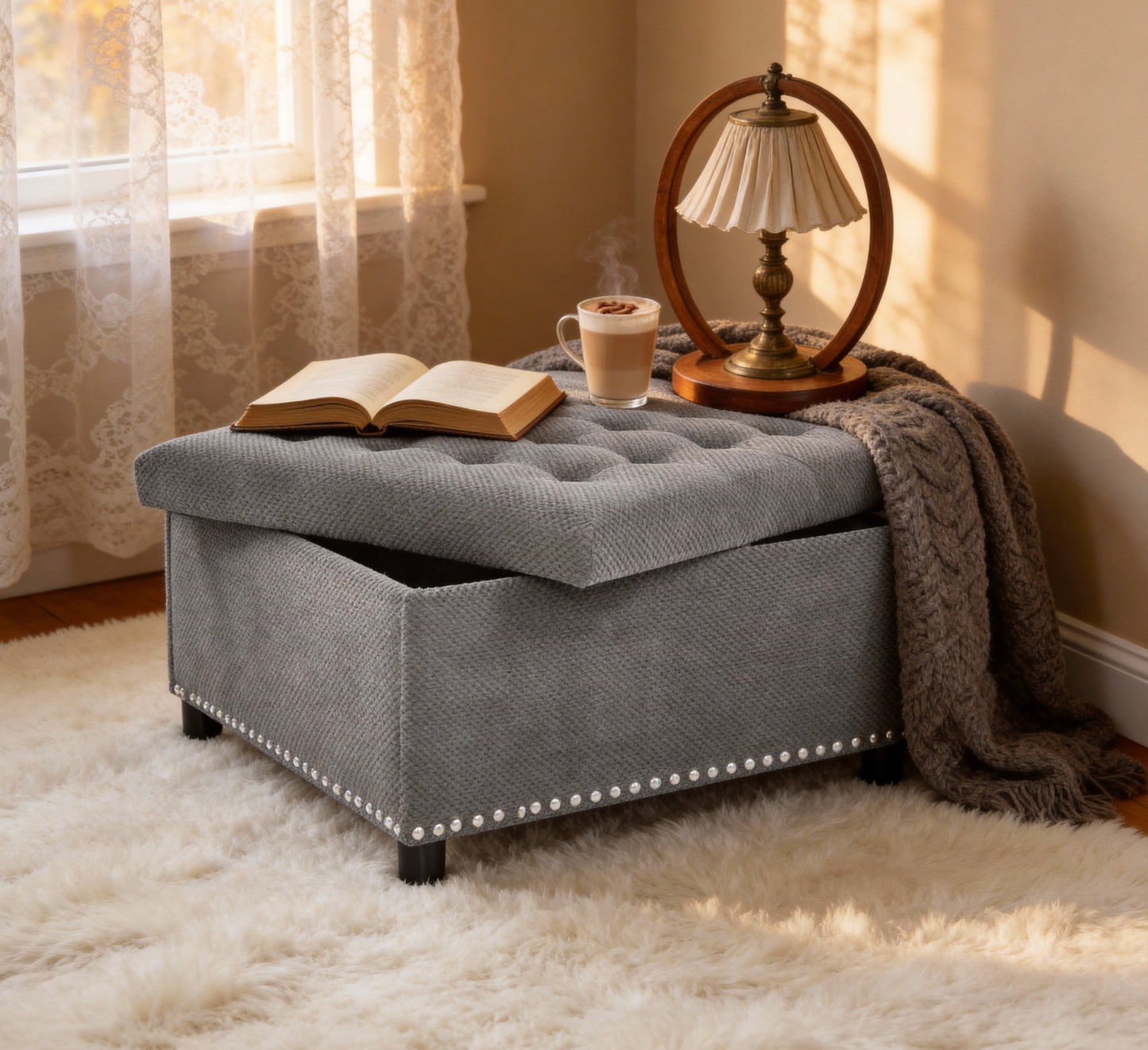 Light Gray Tufted Storage Ottoman with Nailhead Trim - Square