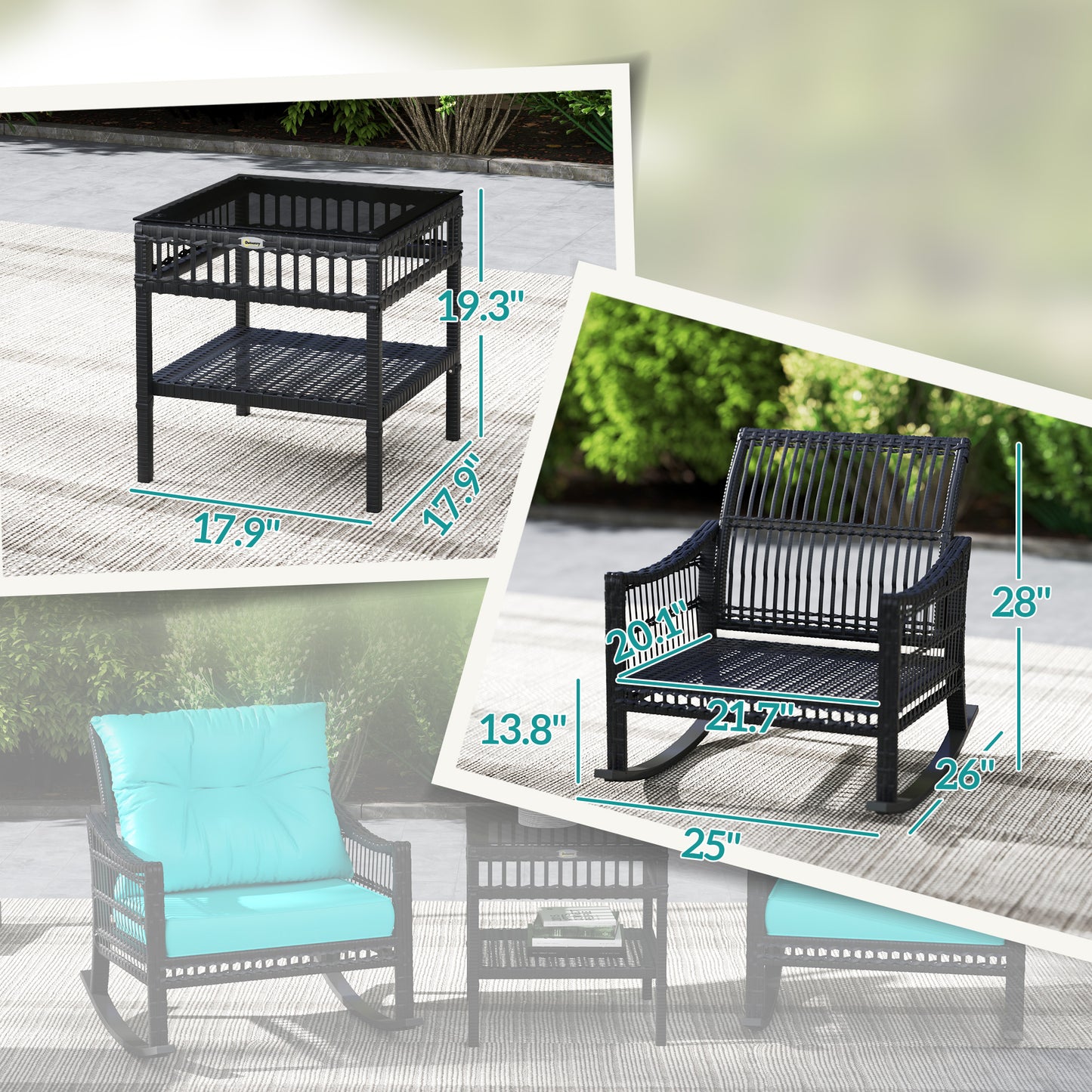 3-Piece Outdoor Rattan Rocking Chair Set with Glass Table - Turquoise