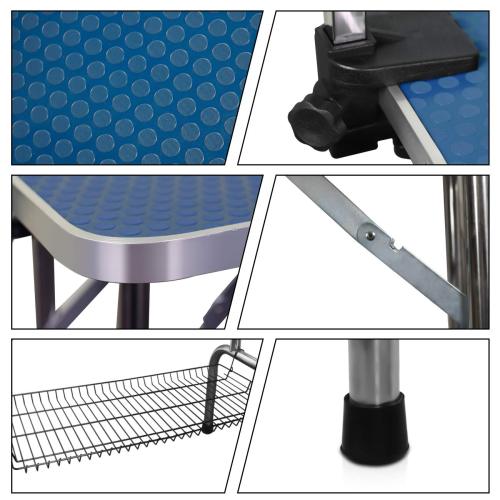 36 Inch Heavy Duty Folding Pet Grooming Table with Adjustable Arms - Stainless Steel for Dogs & Cats - Blue