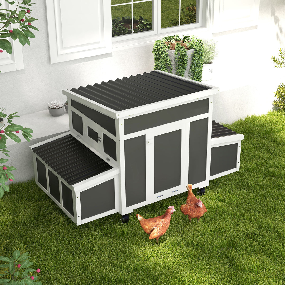 Wooden Chicken Coop with Nesting Box for 6 Chickens - Dark Gray