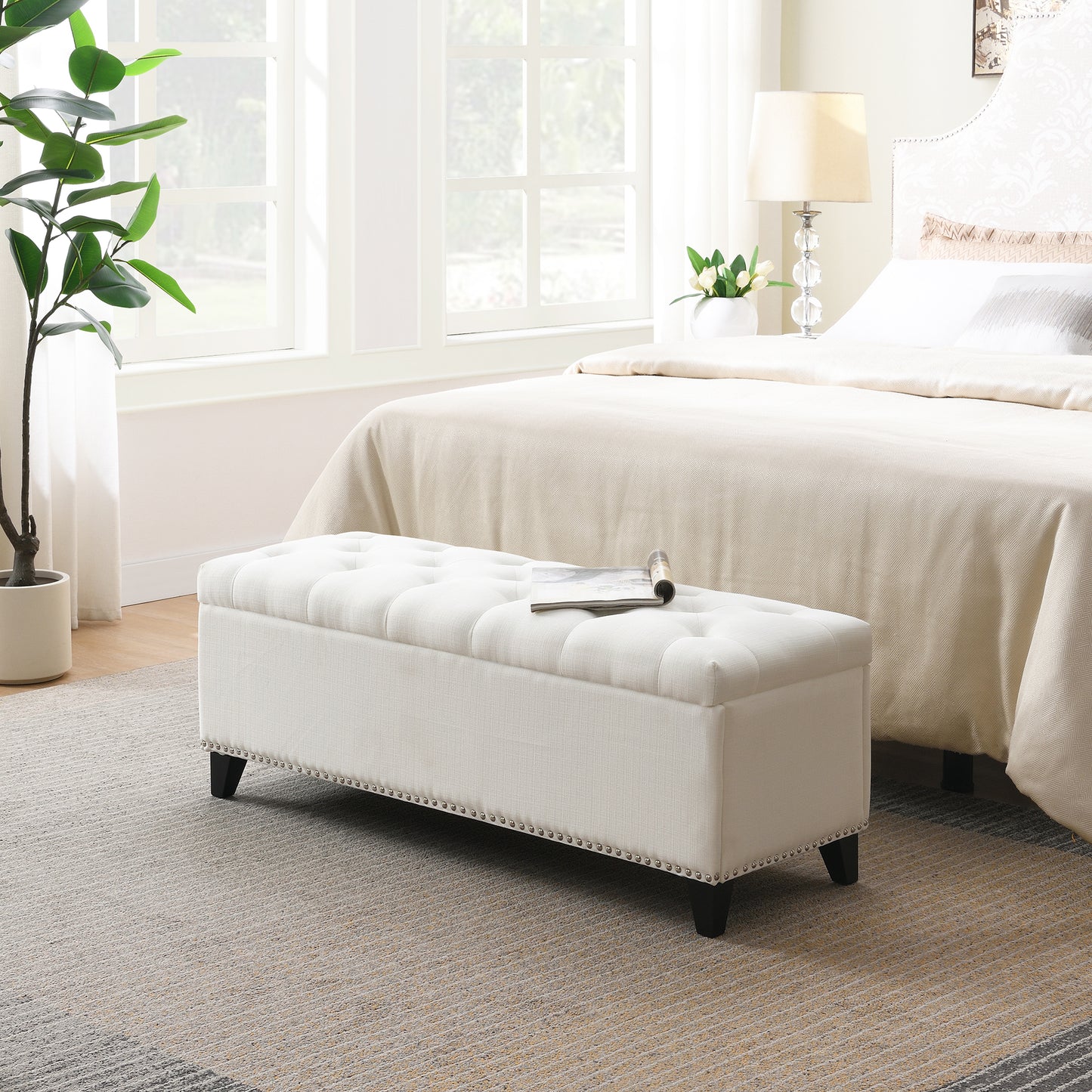 47.5 Storage Ottoman, Bench With Safety Close Hinge, Linen