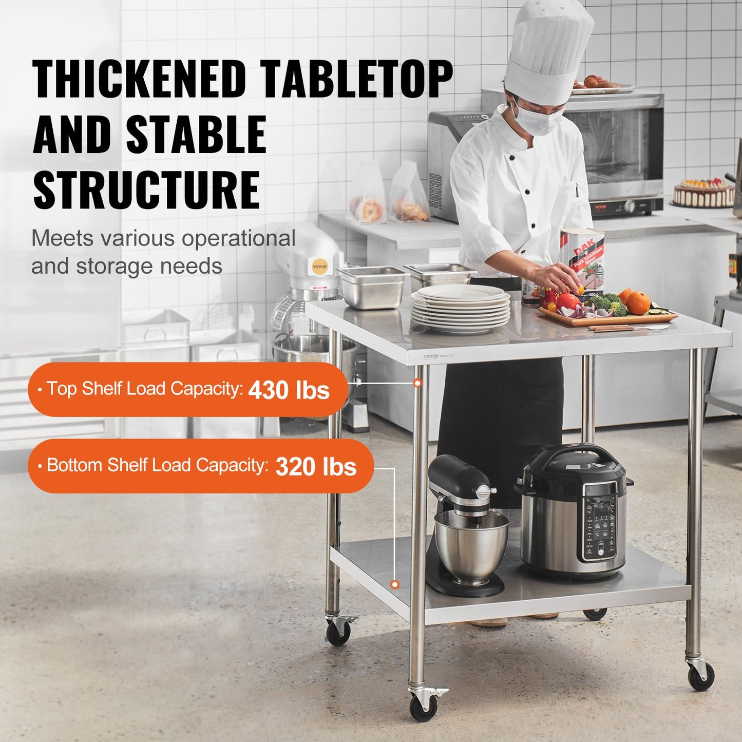 Stainless Steel Work Table - 24x36x38 Inch with Wheels, Adjustable Height
