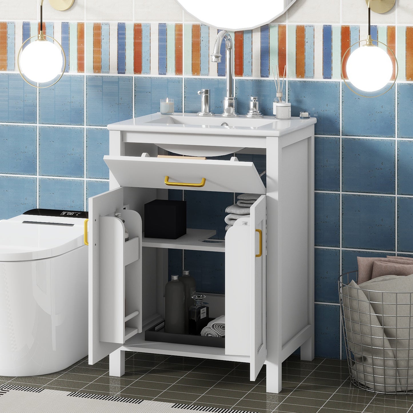 24" Bathroom Vanity Combo with Ceramic Sink - Gold & White