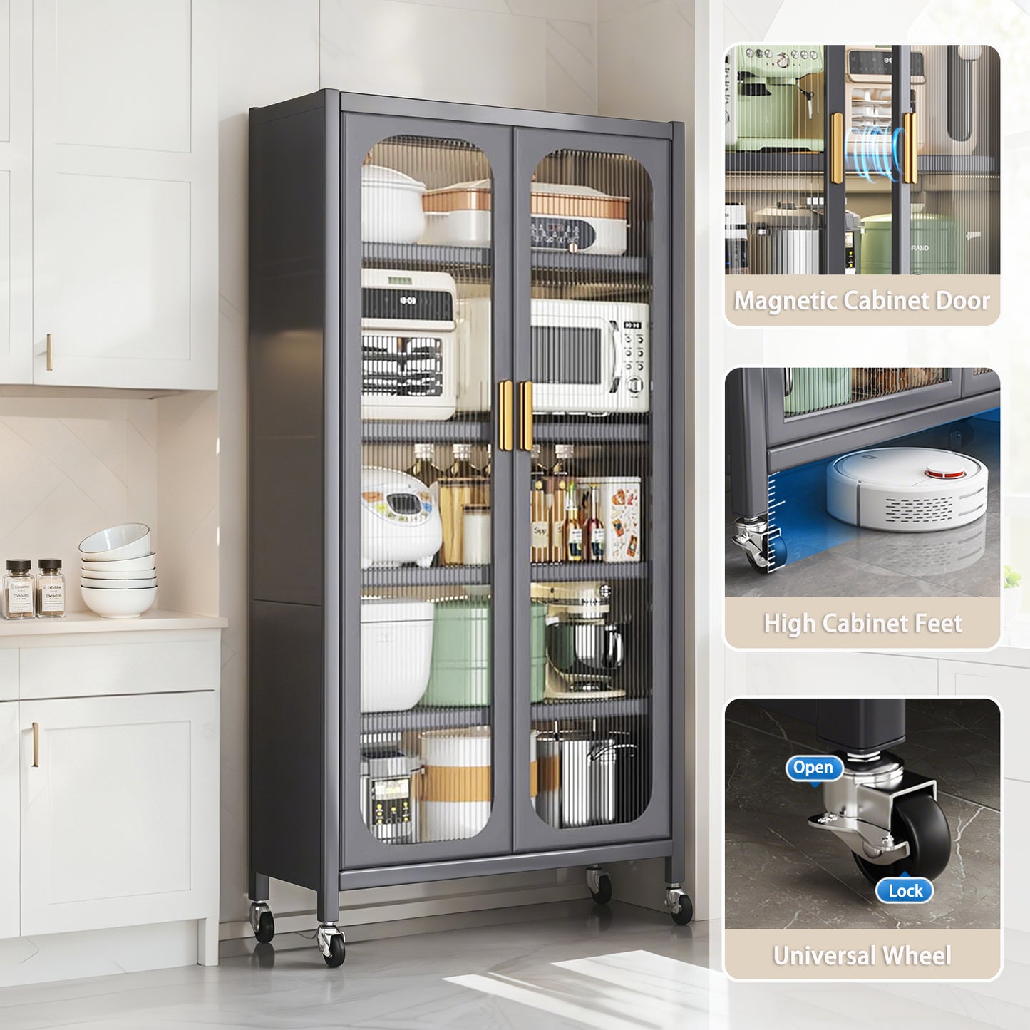 65" Metal Kitchen Pantry Storage Cabinet with Transparent Door