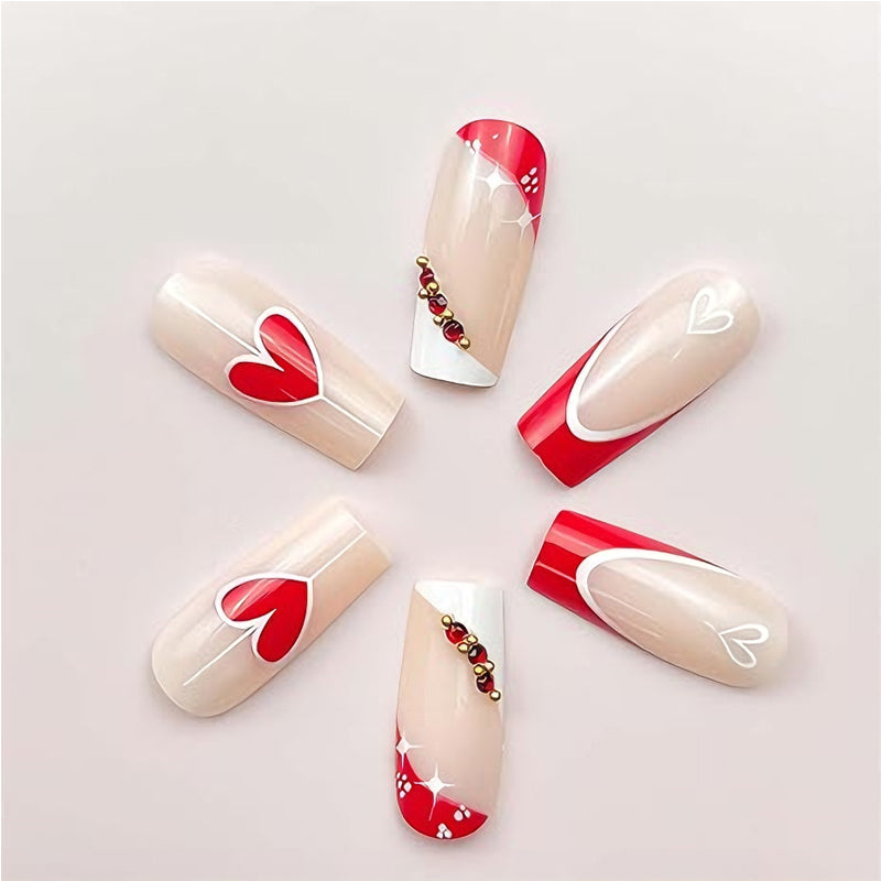 24-Piece Long Square Press-On Nails - Heart Design - Pink