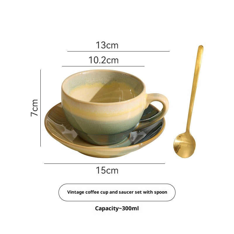 Kiln-Fired Retro-Style Ceramic Coffee Cup - Embossed Milk Mug with Optional Spoon