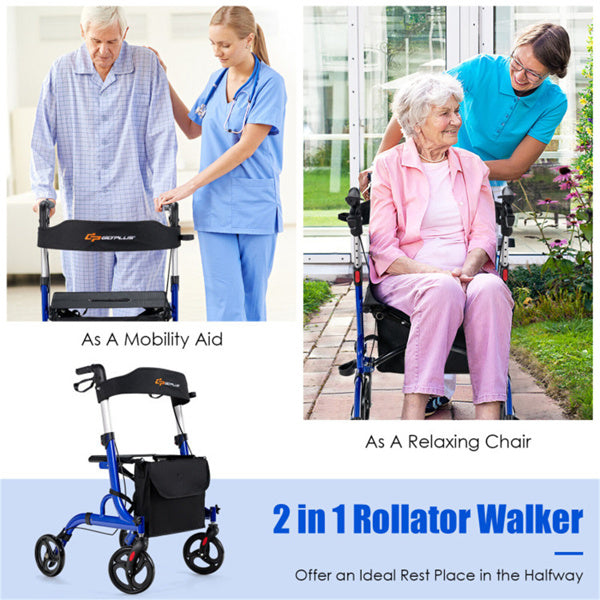 2-in-1 Rollator Walker & Wheelchair - 330 Lbs Capacity, Blue