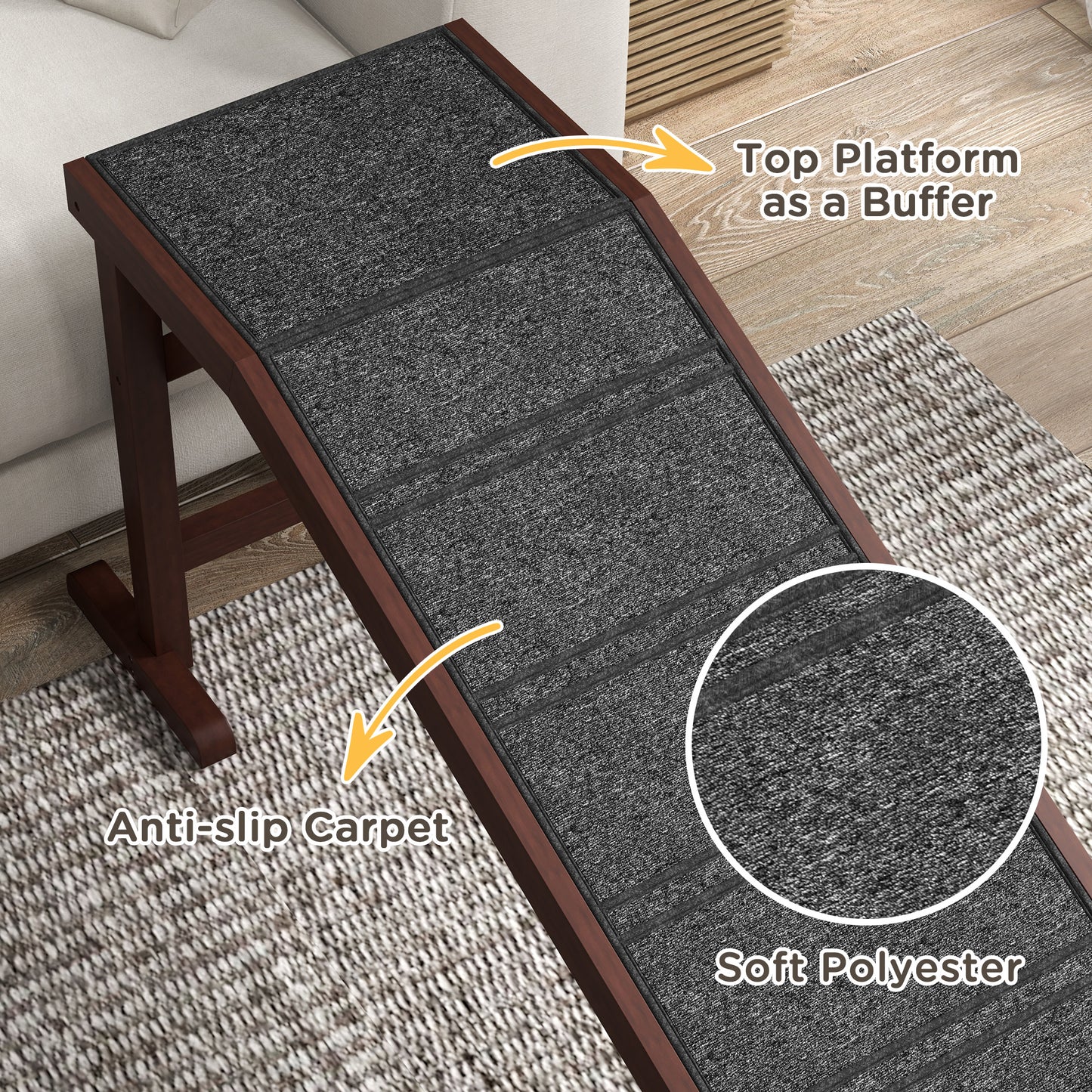 Dog Ramp for Bed - Non-Slip Pet Ramp with Top Platform, 74 x 16 Inches, Brown