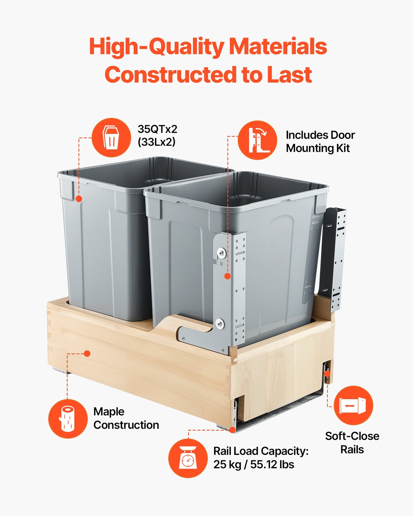 Pull-Out Trash Can with Dual 35QT Capacity - Grey