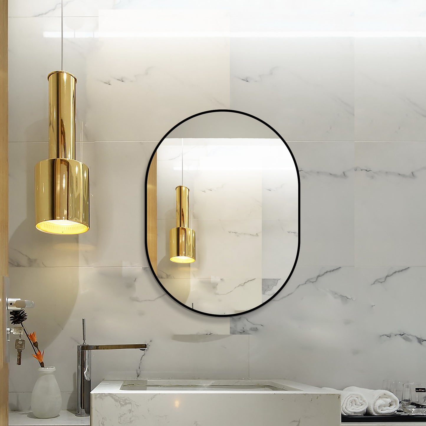 24x32 Framed Capsule Bathroom Mirror - Vertical Wall Mounted, Black