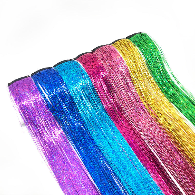 Clip-In Rainbow Hair Extensions - Long Synthetic Wig with Gold Thread