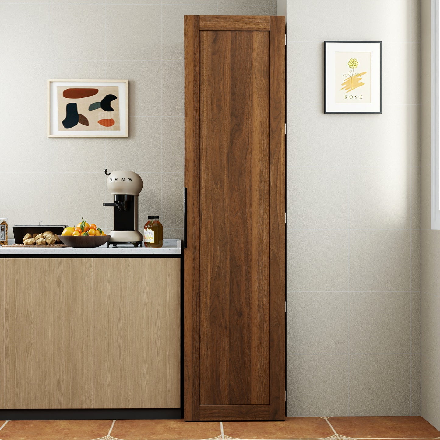 Walnut Kitchen Pantry Cabinet - Freestanding Sideboard with Doors & Shelves
