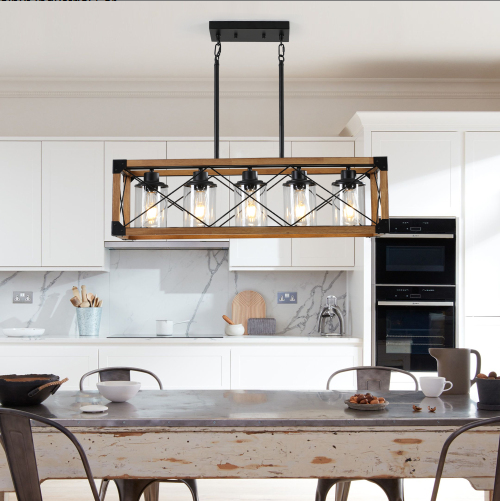 32 Inch Walnut and Black Farmhouse Pendant Light 5-Light Chandelier Ceiling Fixture