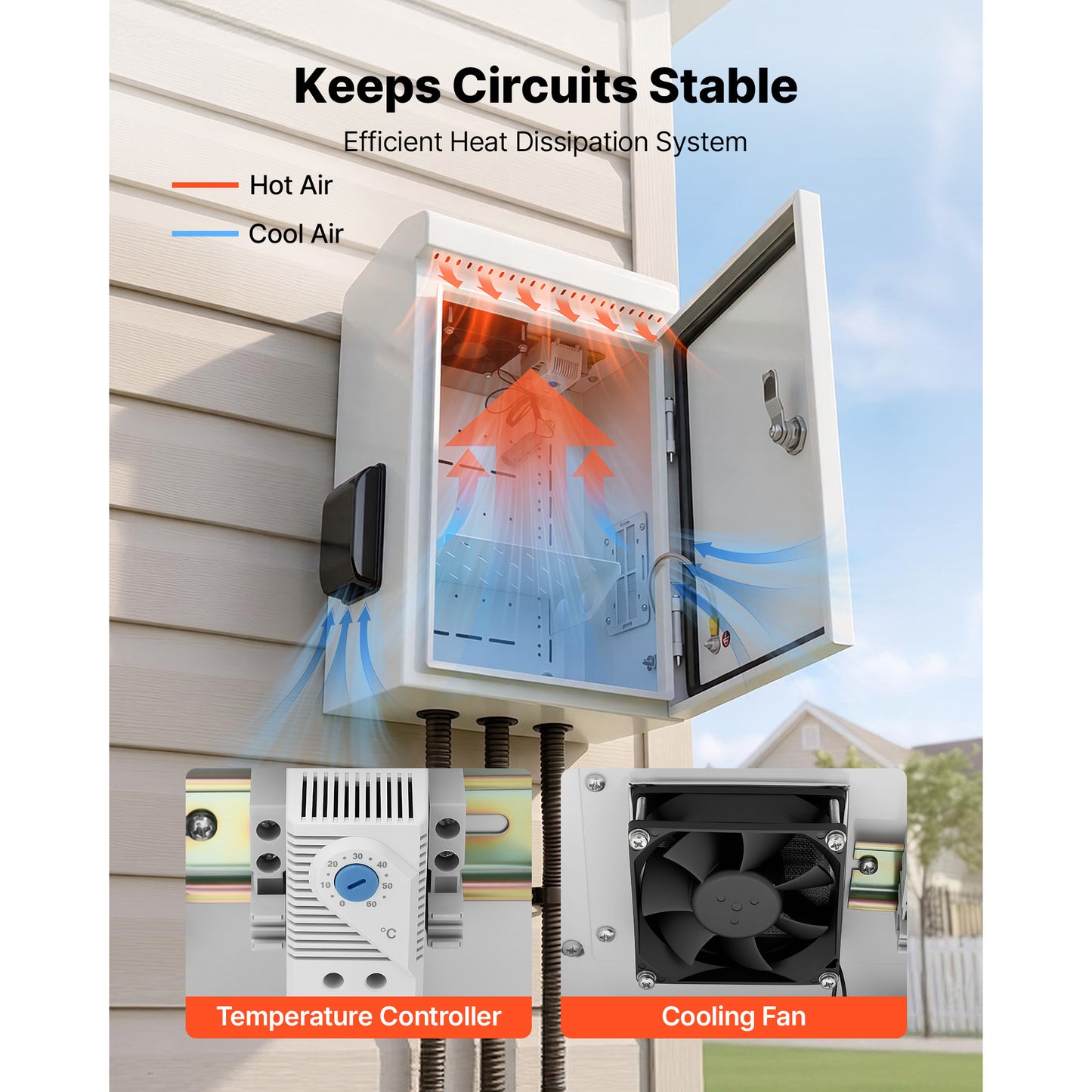 Outdoor Electrical Box with Thermostat and Fan, Rain Hood, Waterproof Enclosure 16x12x8 in