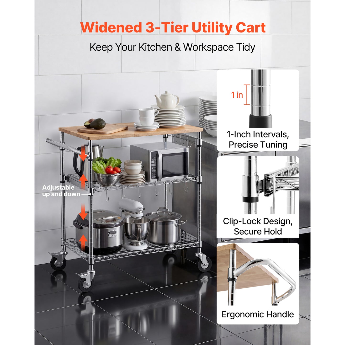 Heavy Duty 3-Tier Wire Utility Cart with Wooden Top and Handle - Rolling Storage Trolley, 661 lbs Capacity