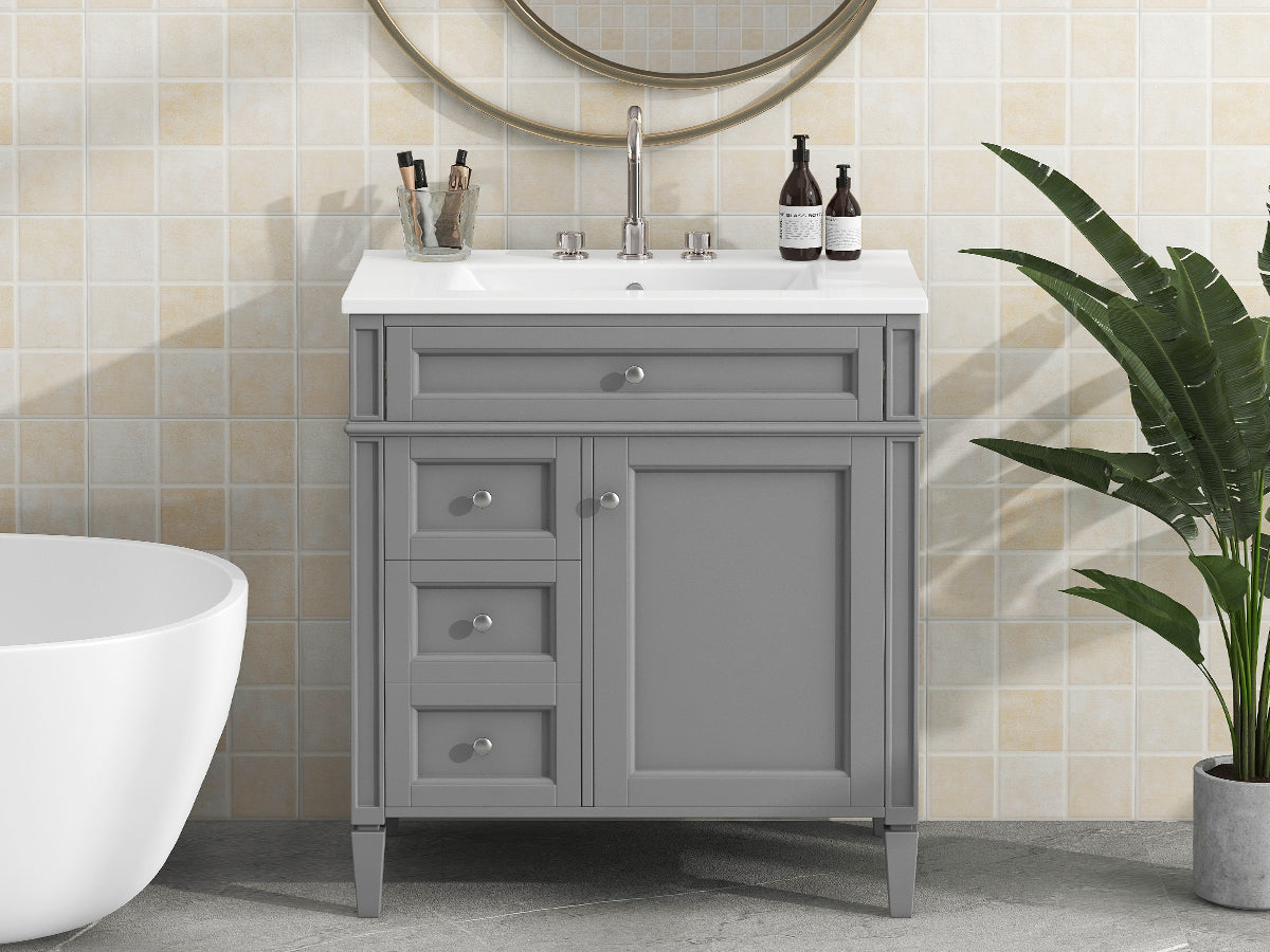 30'' Modern Bathroom Vanity with Sink & 3 Drawers - Grey